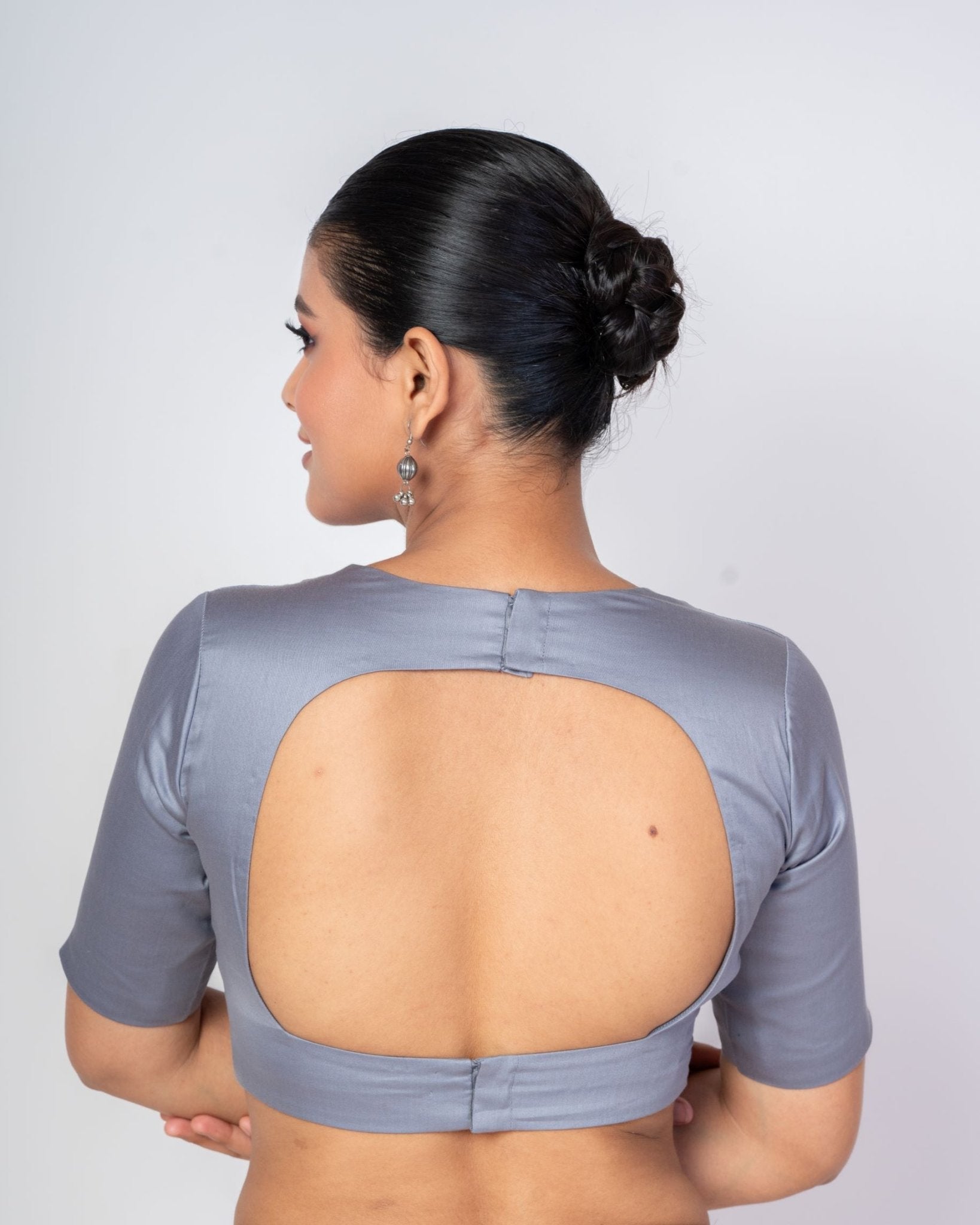 Grey Queen Cotton Silk Blouse With Back Cut Design and Elbow Sleeves - Anvi Couture