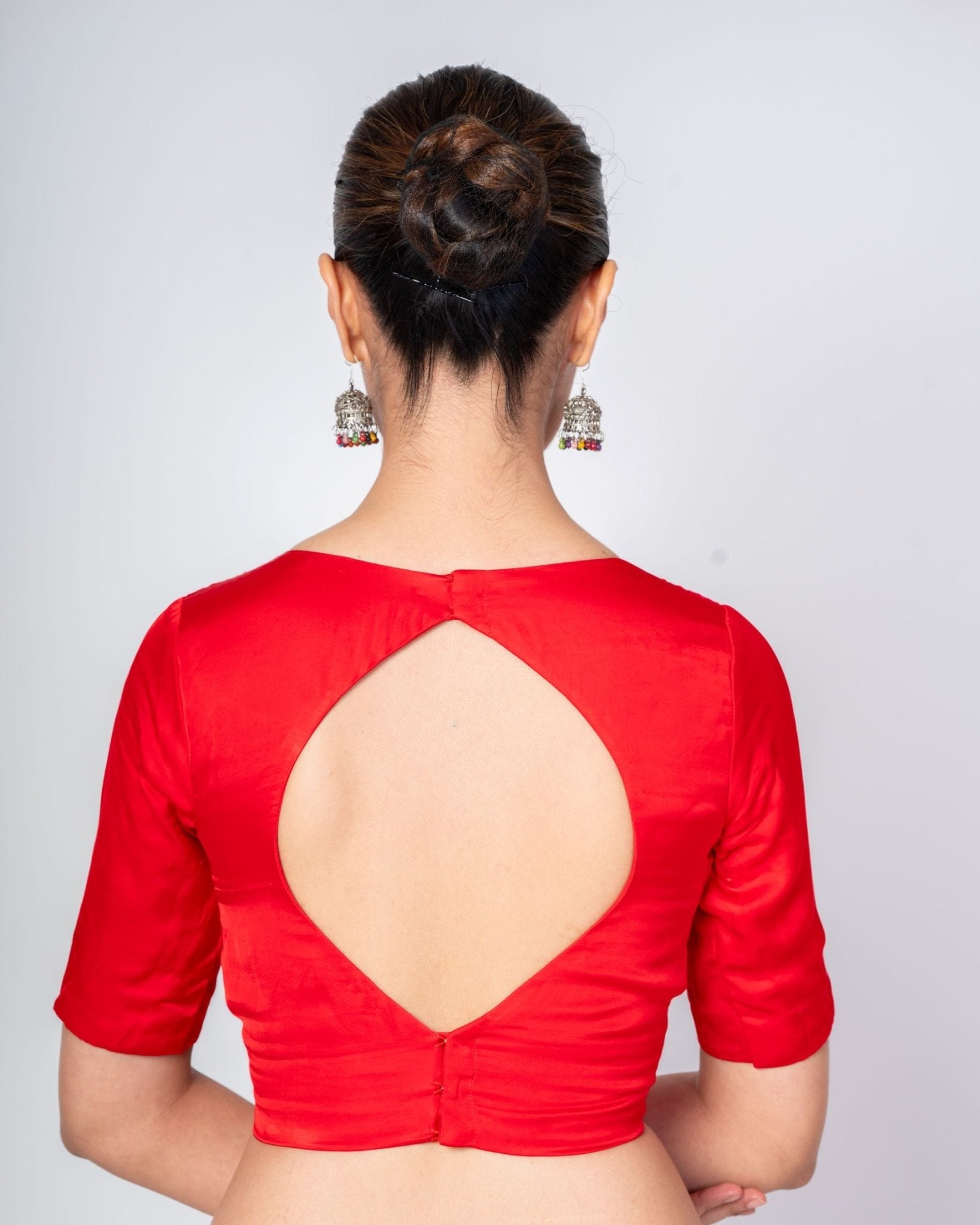 Red V Neck Blouse With Diamond Back Cut Out Design - Anvi Couture