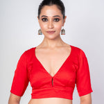 Red V Neck Blouse With Diamond Back Cut Out Design - Anvi Couture