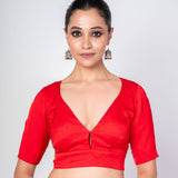 Red V Neck Blouse With Diamond Back Cut Out Design - Anvi Couture