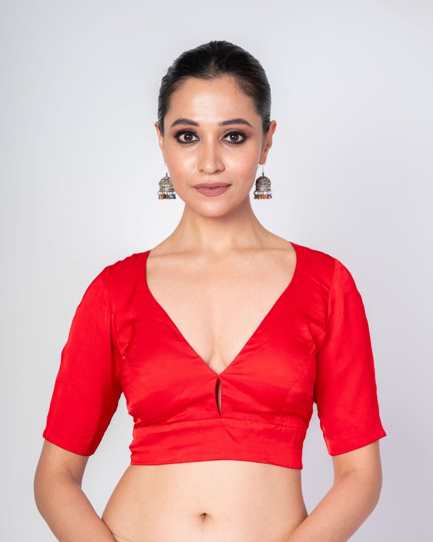 Red V Neck Blouse With Diamond Back Cut Out Design - Anvi Couture