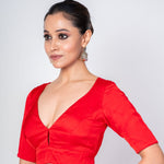 Red V Neck Blouse With Diamond Back Cut Out Design - Anvi Couture