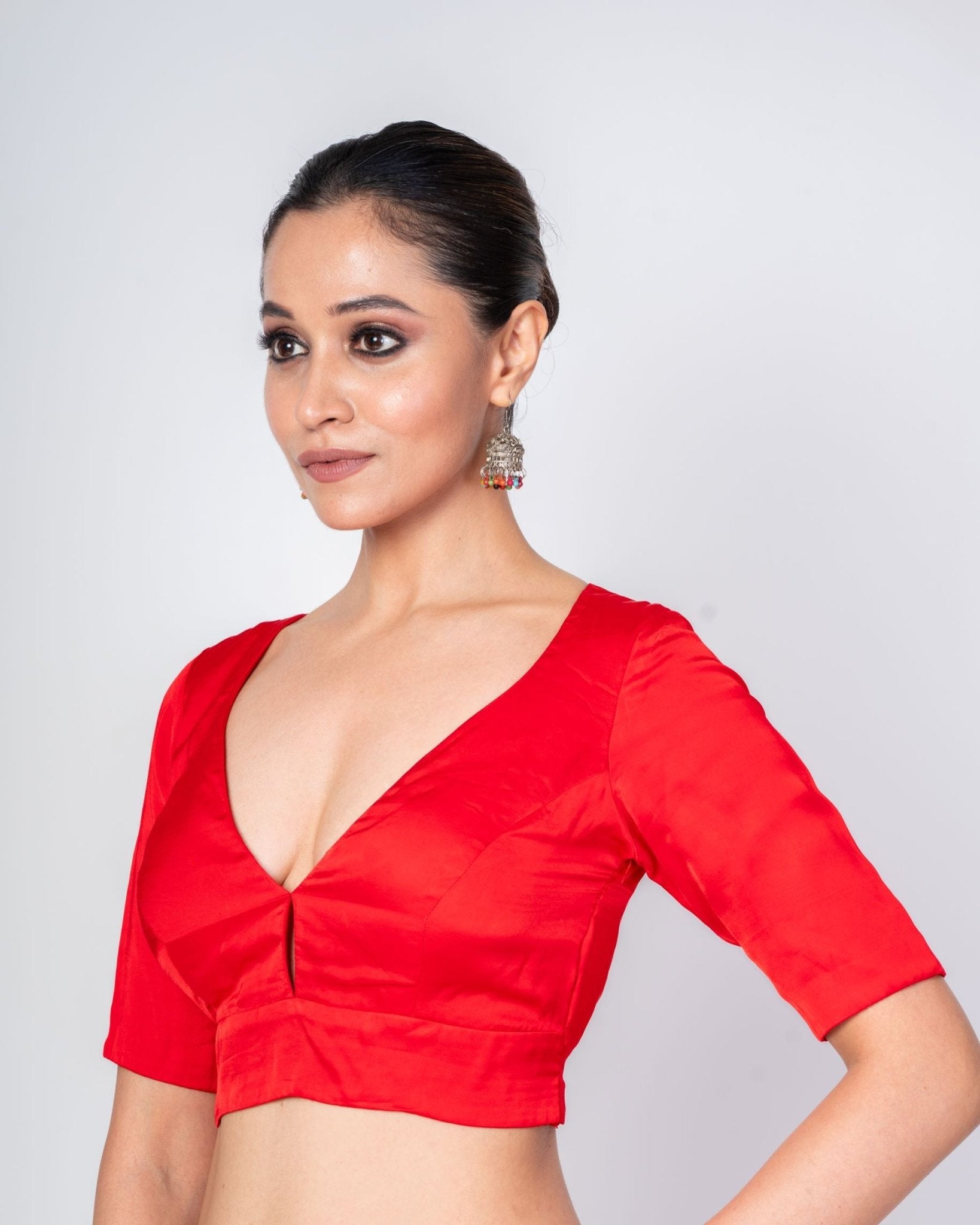 Red V Neck Blouse With Diamond Back Cut Out Design - Anvi Couture