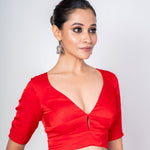 Red V Neck Blouse With Diamond Back Cut Out Design - Anvi Couture