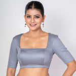 Grey Blouse With Half Sleeves in Cotton With Square Neckline and Back Cut Out Design - Anvi Couture