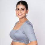 Grey Blouse With Half Sleeves in Cotton With Square Neckline and Back Cut Out Design - Anvi Couture