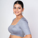 Grey Blouse With Half Sleeves in Cotton With Square Neckline and Back Cut Out Design - Anvi Couture