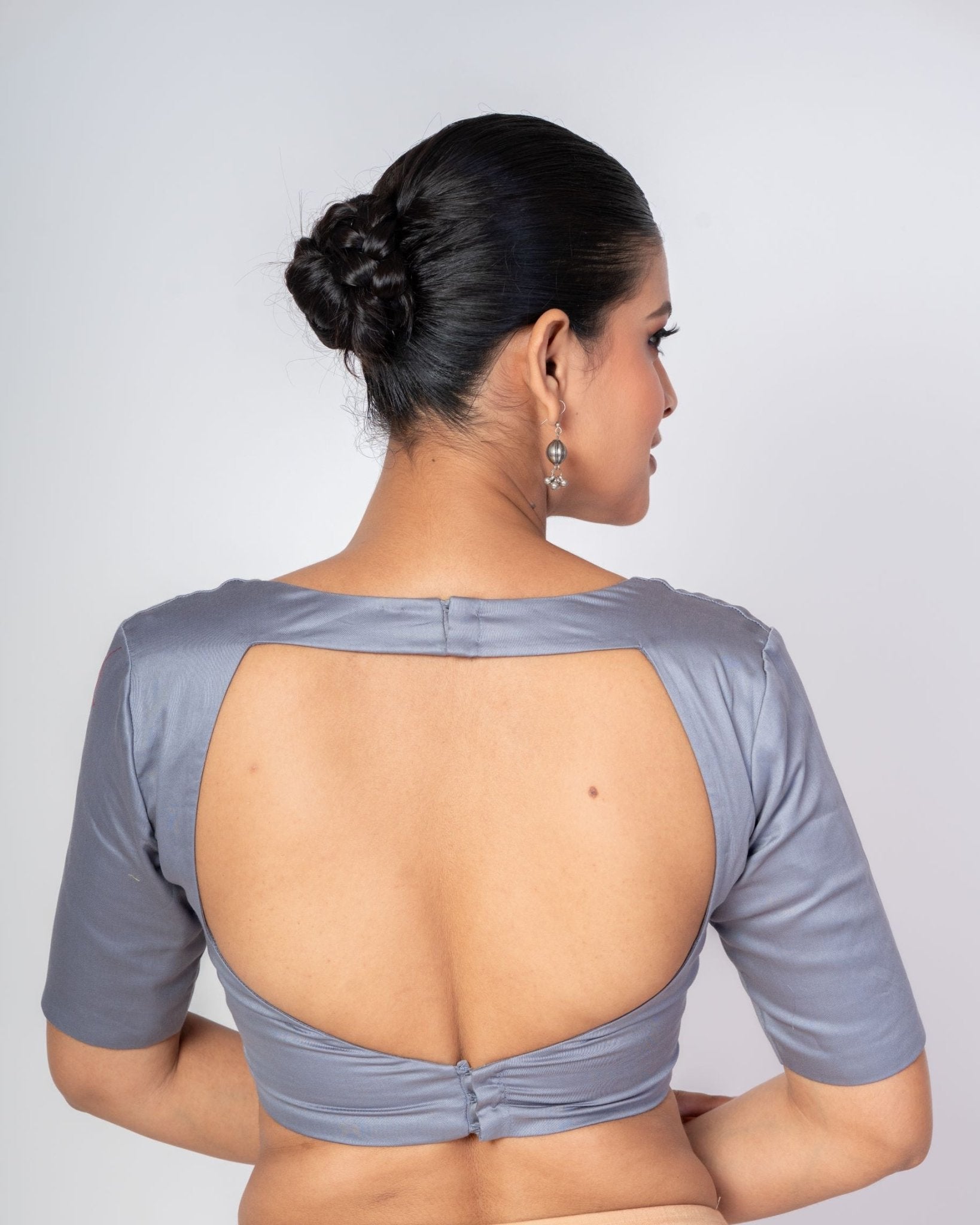 Grey Blouse With Half Sleeves in Cotton With Square Neckline and Back Cut Out Design - Anvi Couture