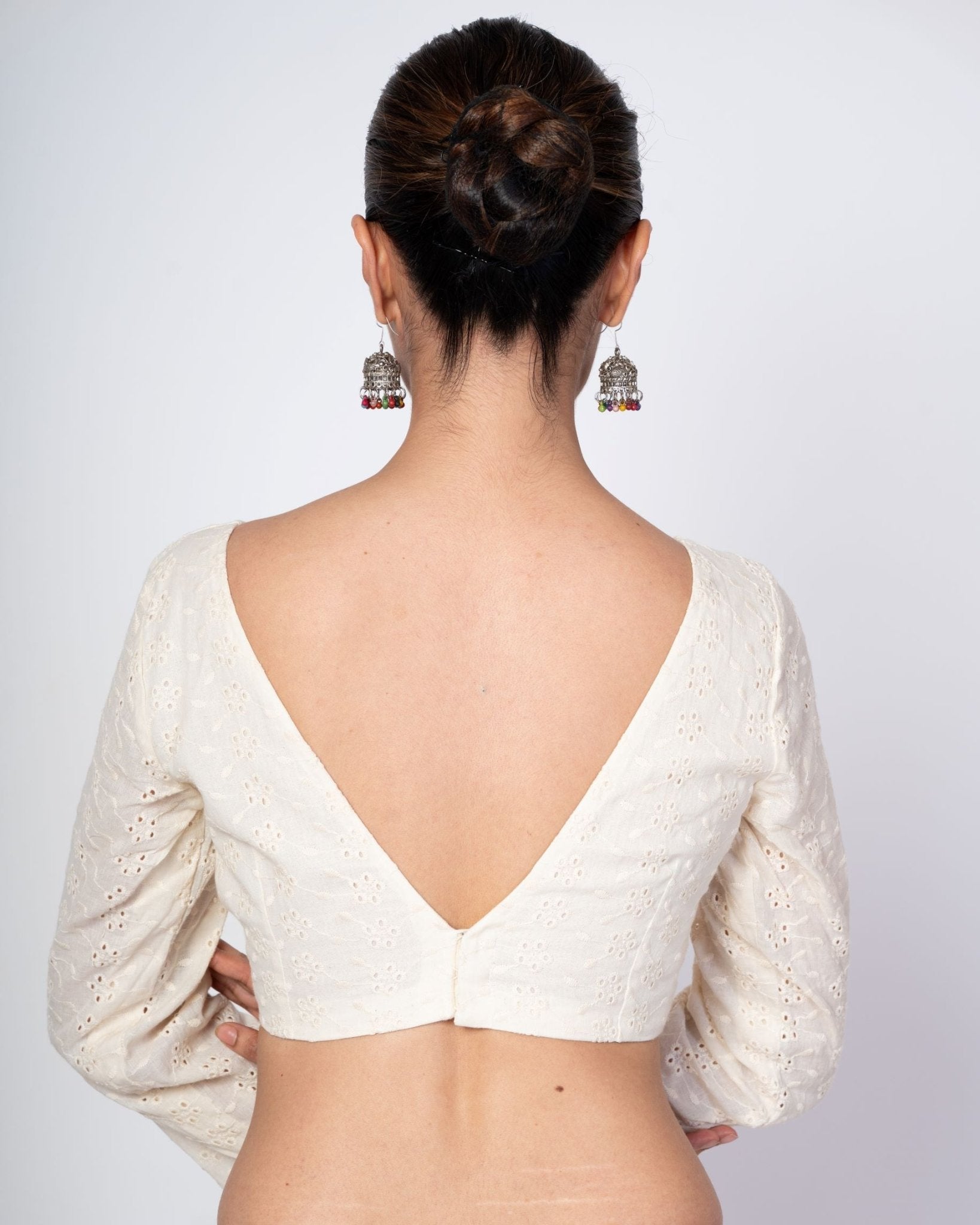 Cream Hakoba Full Sleeves Blouse With V Neckline and Back Hook Closer - Anvi Couture