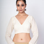 Cream Hakoba Full Sleeves Blouse With V Neckline and Back Hook Closer - Anvi Couture
