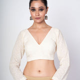 Cream Hakoba Full Sleeves Blouse With V Neckline and Back Hook Closer - Anvi Couture