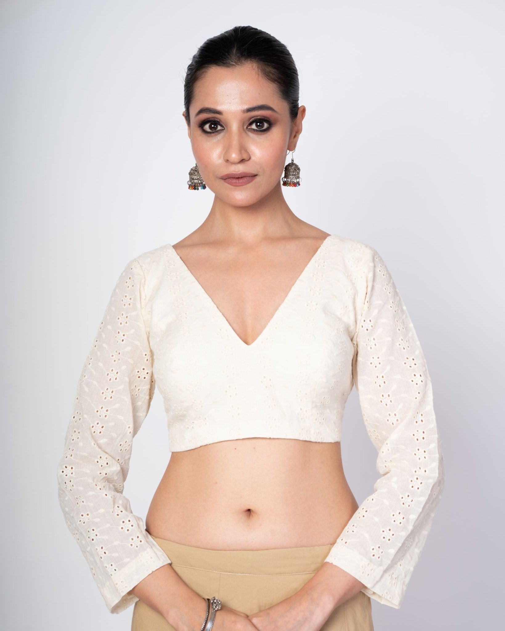 Cream Hakoba Full Sleeves Blouse With V Neckline and Back Hook Closer - Anvi Couture