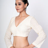 Cream Hakoba Full Sleeves Blouse With V Neckline and Back Hook Closer - Anvi Couture