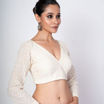 Cream Hakoba Full Sleeves Blouse With V Neckline and Back Hook Closer - Anvi Couture