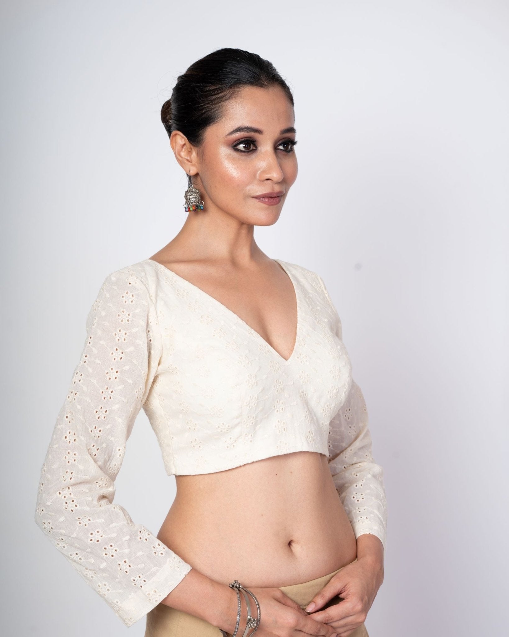 Cream Hakoba Full Sleeves Blouse With V Neckline and Back Hook Closer - Anvi Couture