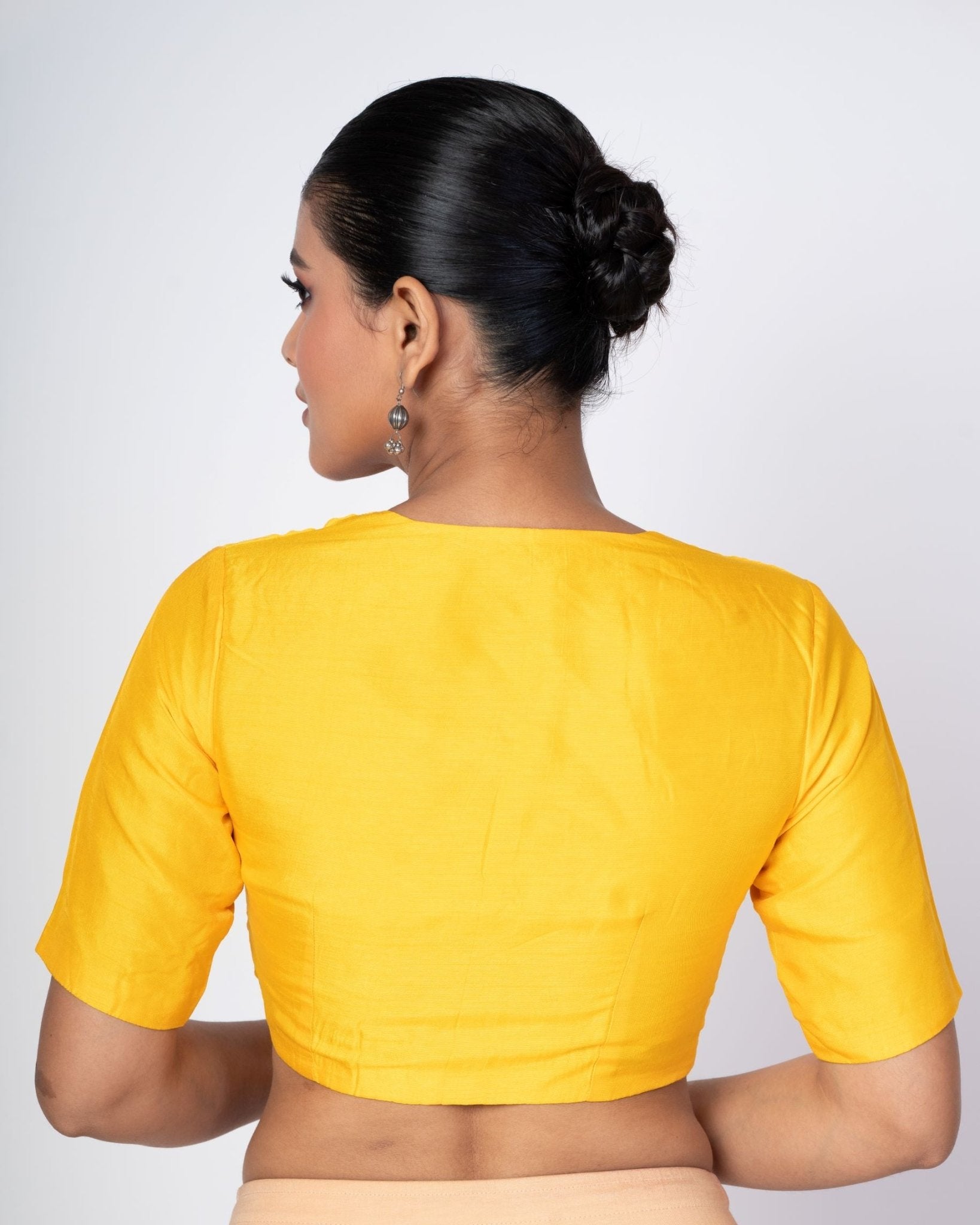 Yellow Queen Anne Neckline Blouse With Elbow Sleeves - Anvi Couture