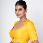 Yellow Queen Anne Neckline Blouse With Elbow Sleeves - Anvi Couture