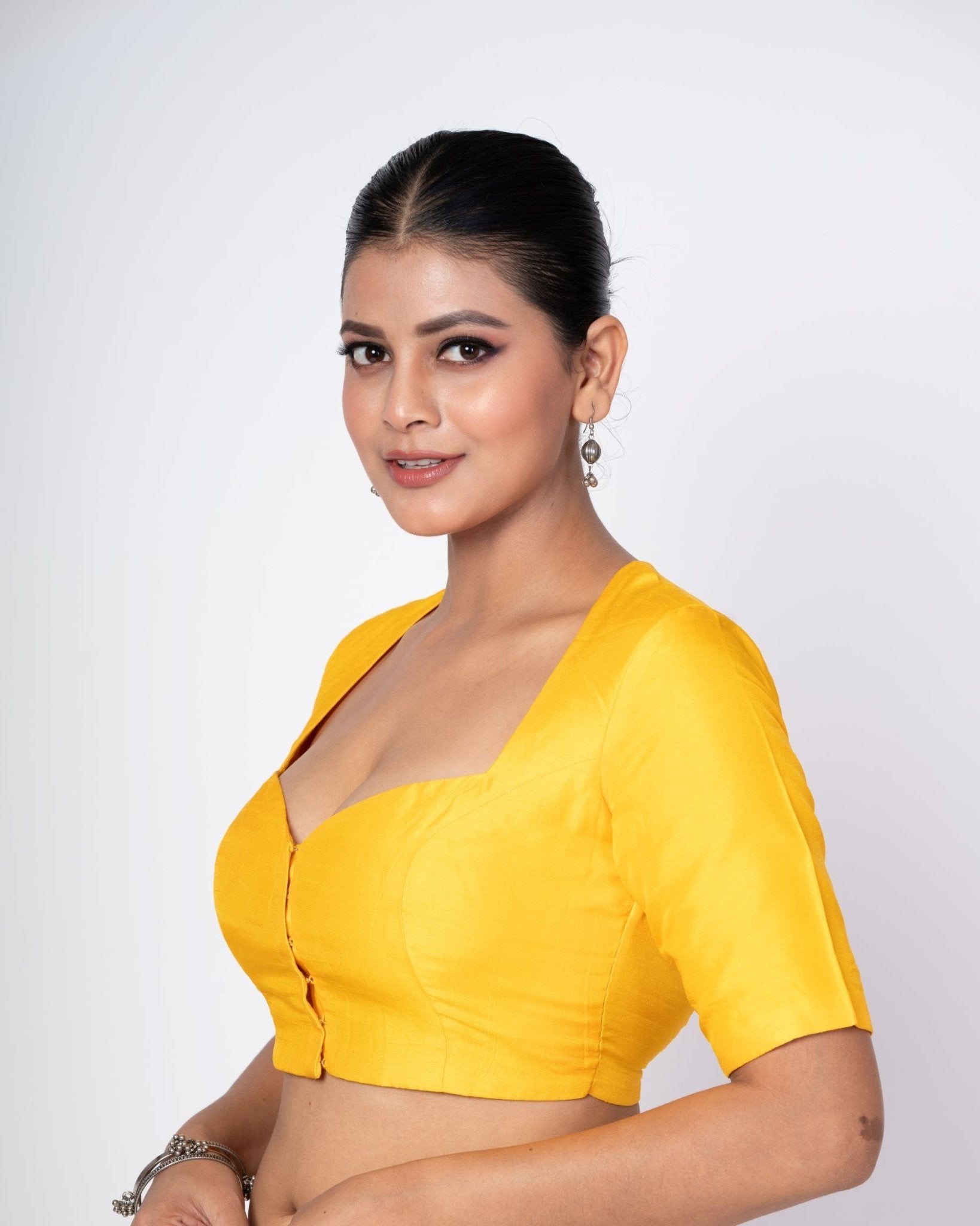 Yellow Queen Anne Neckline Blouse With Elbow Sleeves - Anvi Couture