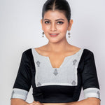 Black and White Cotton Handloom Blouse with Elbow Sleeves - Anvi Couture