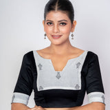 Black and White Cotton Handloom Blouse with Elbow Sleeves - Anvi Couture