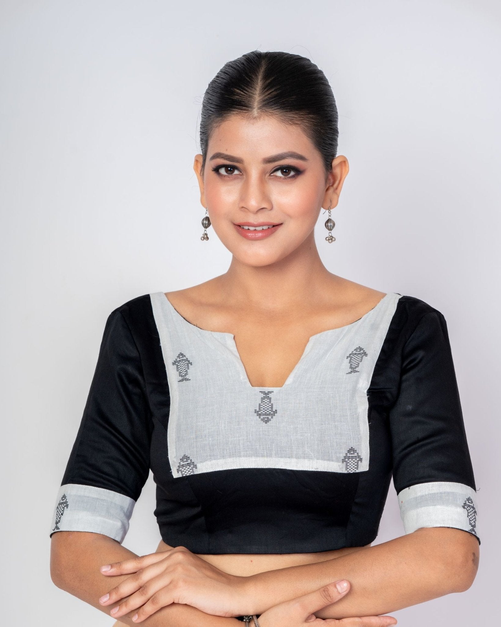 Black and White Cotton Handloom Blouse with Elbow Sleeves - Anvi Couture