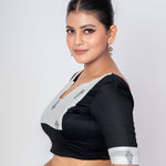 Black and White Cotton Handloom Blouse with Elbow Sleeves - Anvi Couture