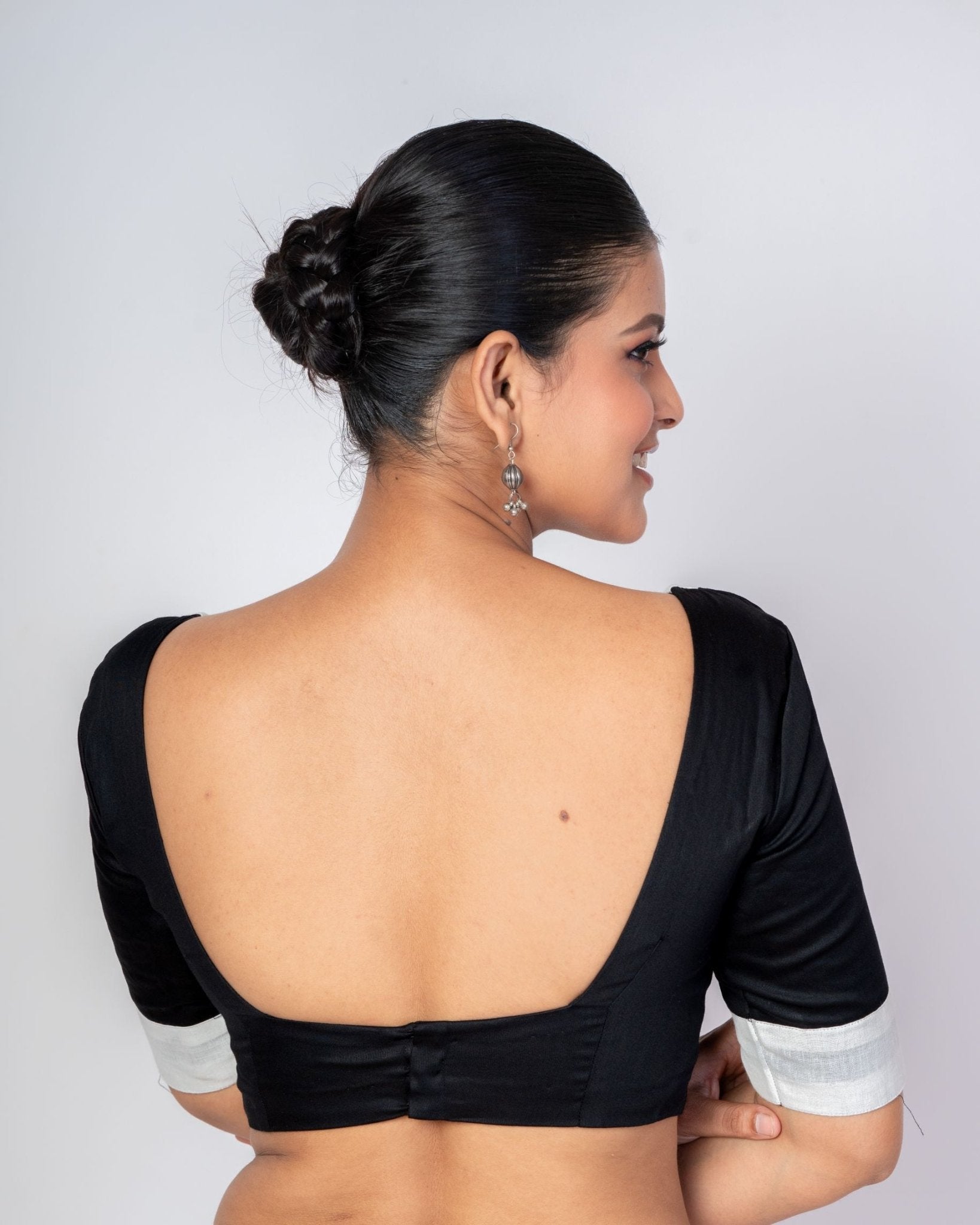 Black and White Cotton Handloom Blouse with Elbow Sleeves - Anvi Couture