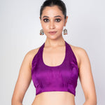 Dark Purple Halter Neck Blouse with Satin Silk - Anvi Couture
