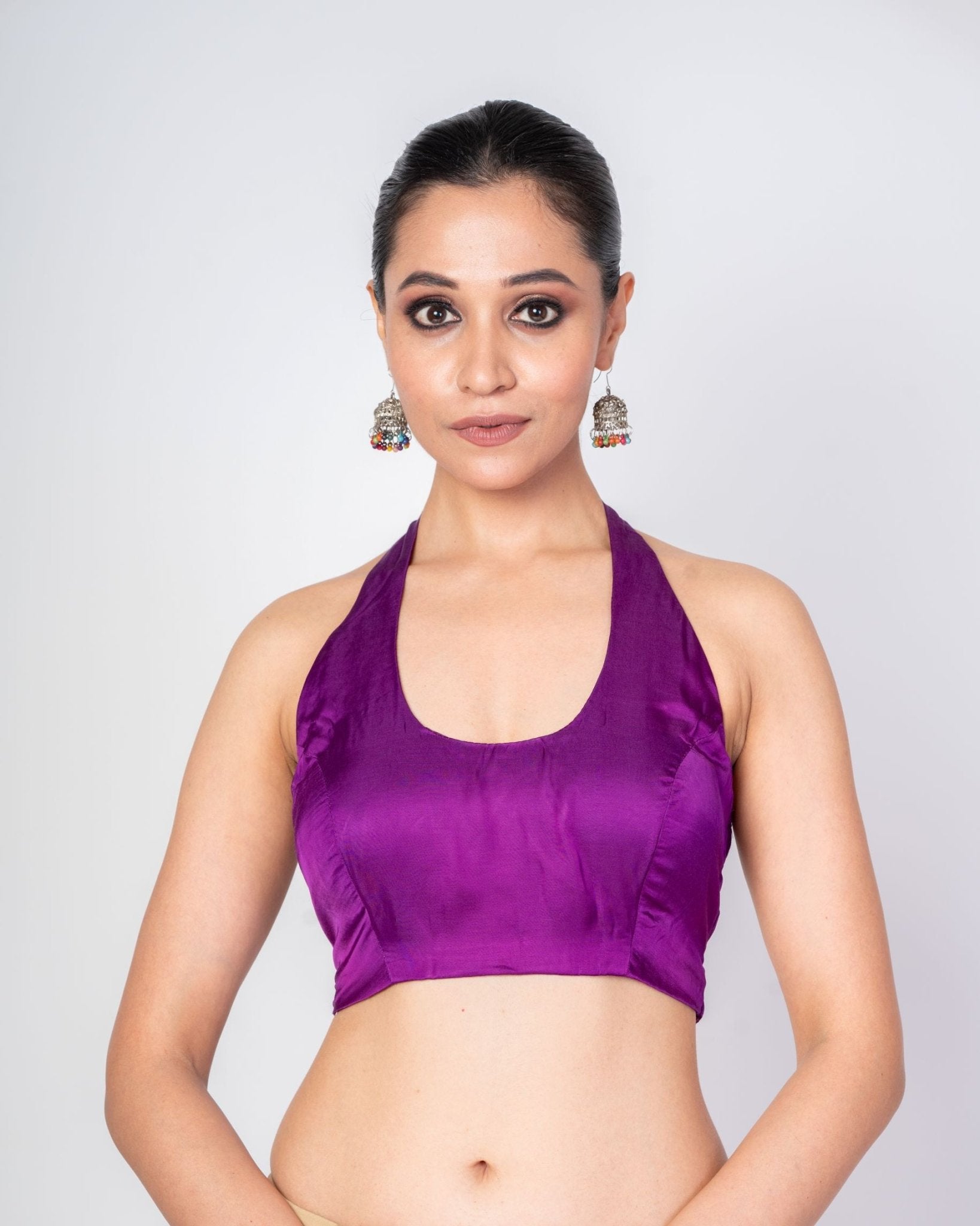 Dark Purple Halter Neck Blouse with Satin Silk - Anvi Couture
