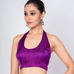 Dark Purple Halter Neck Blouse with Satin Silk - Anvi Couture