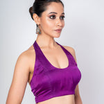 Dark Purple Halter Neck Blouse with Satin Silk - Anvi Couture
