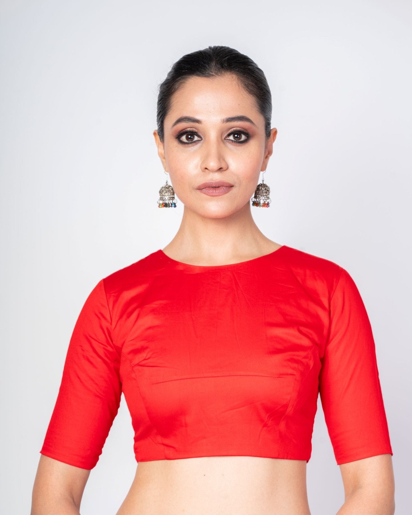 Red Close Neck Blouse with Back Closer With Elbow Sleeves - Anvi Couture