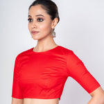 Red Close Neck Blouse with Back Closer With Elbow Sleeves - Anvi Couture