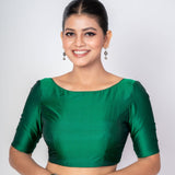 Bottle Green Boat Neck Blouse with V Cut Back Closer - Anvi Couture