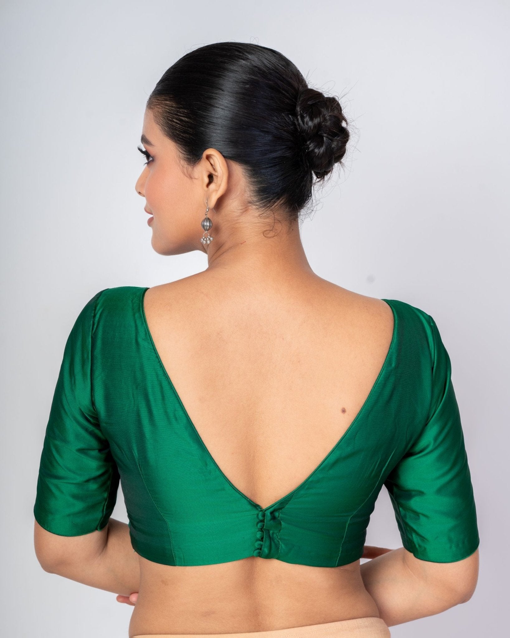 Bottle Green Boat Neck Blouse with V Cut Back Closer - Anvi Couture