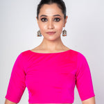 Hot Pink Close Neck Blouse with Back Closure with Elbow Sleeves - Anvi Couture