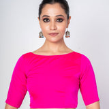 Hot Pink Close Neck Blouse with Back Closure with Elbow Sleeves - Anvi Couture