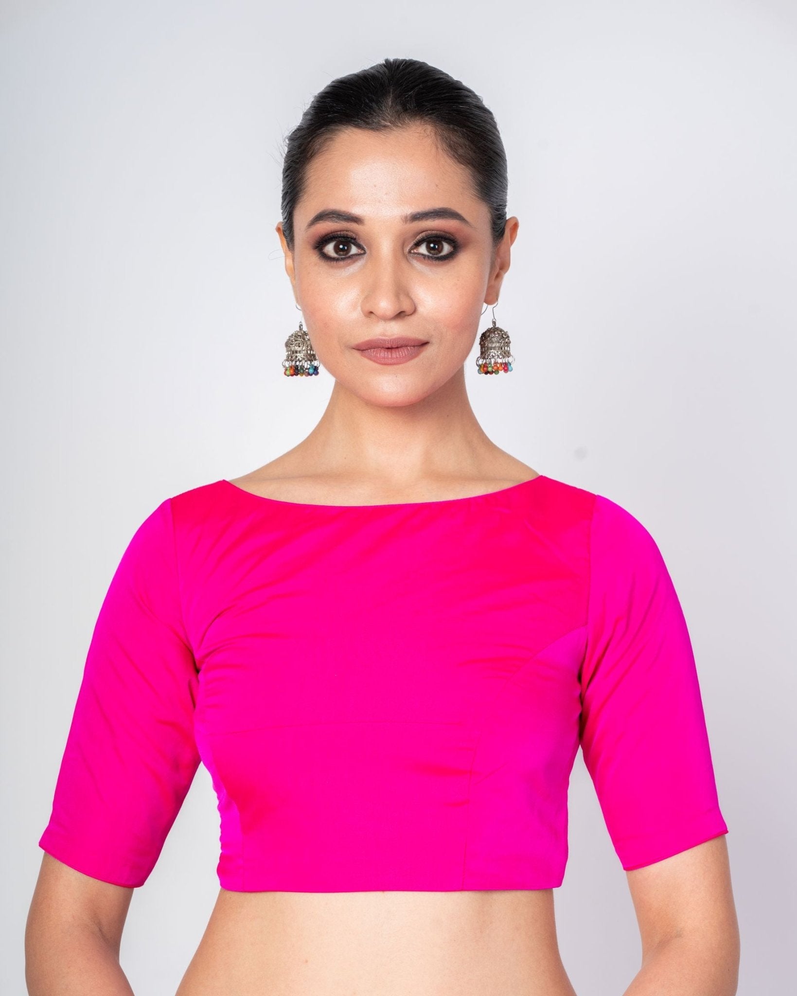 Hot Pink Close Neck Blouse with Back Closure with Elbow Sleeves - Anvi Couture