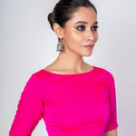 Hot Pink Close Neck Blouse with Back Closure with Elbow Sleeves - Anvi Couture