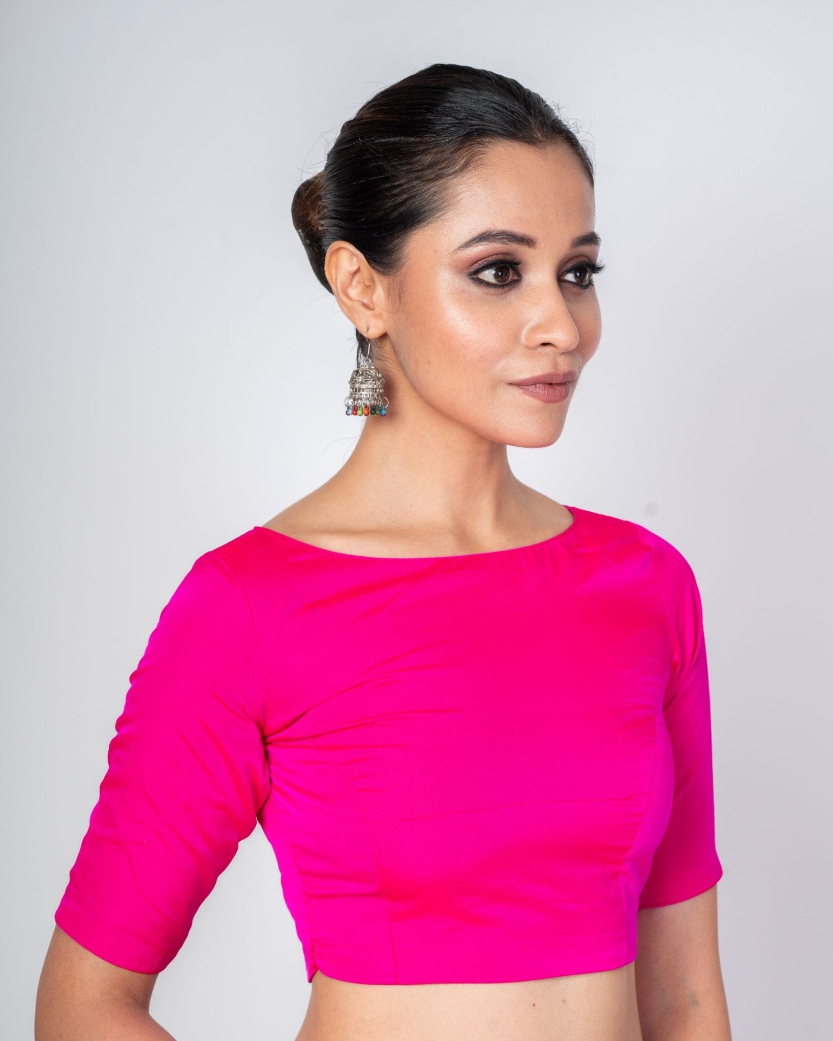 Hot Pink Close Neck Blouse with Back Closure with Elbow Sleeves - Anvi Couture