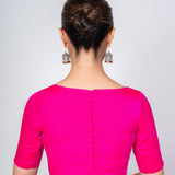 Hot Pink Close Neck Blouse with Back Closure with Elbow Sleeves - Anvi Couture