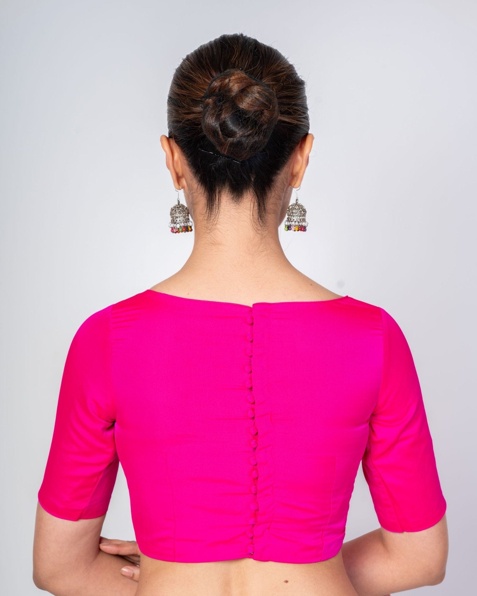 Hot Pink Close Neck Blouse with Back Closure with Elbow Sleeves - Anvi Couture