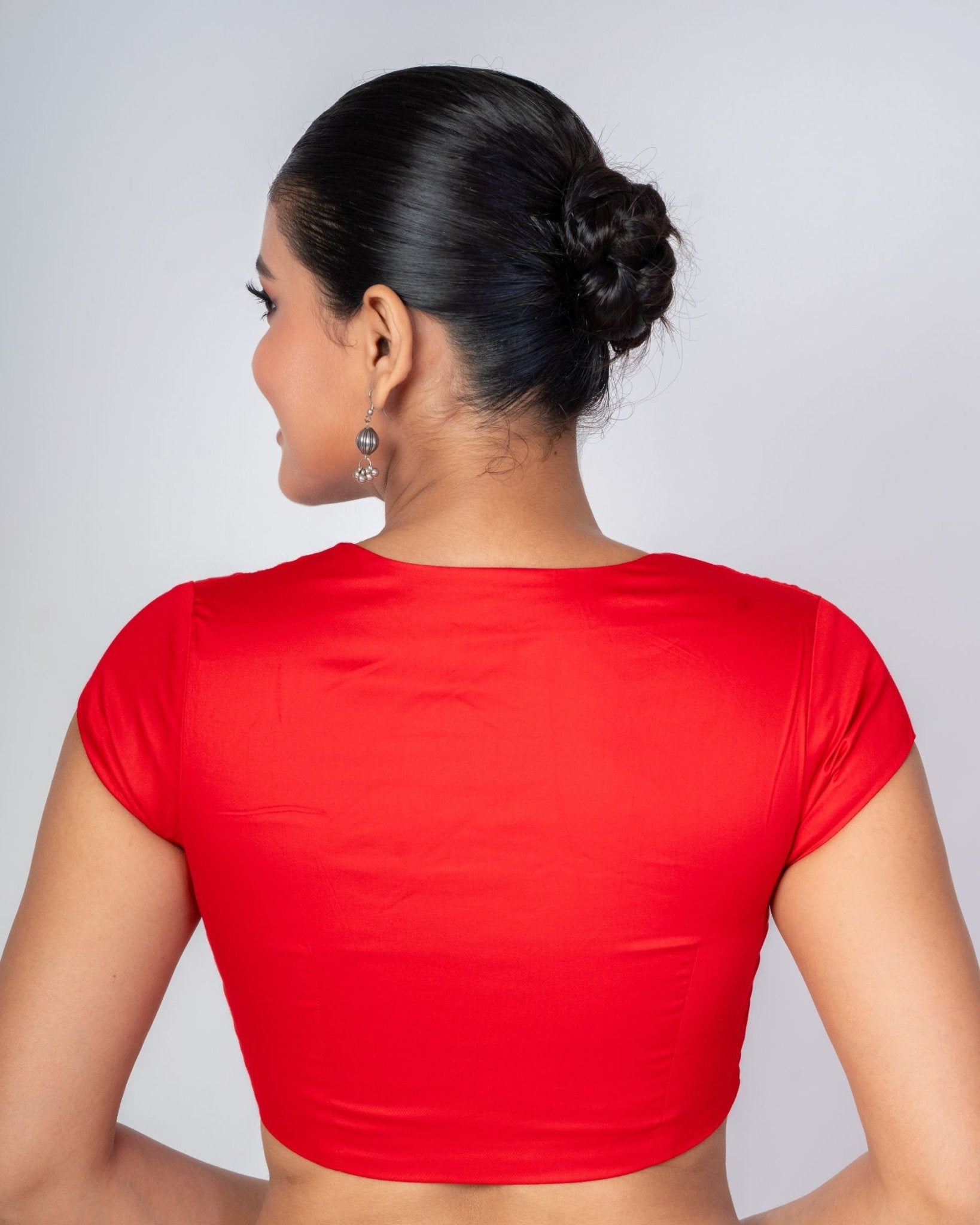 Red Square Neck Blouse with Back Closer and Cap Sleeves - Anvi Couture
