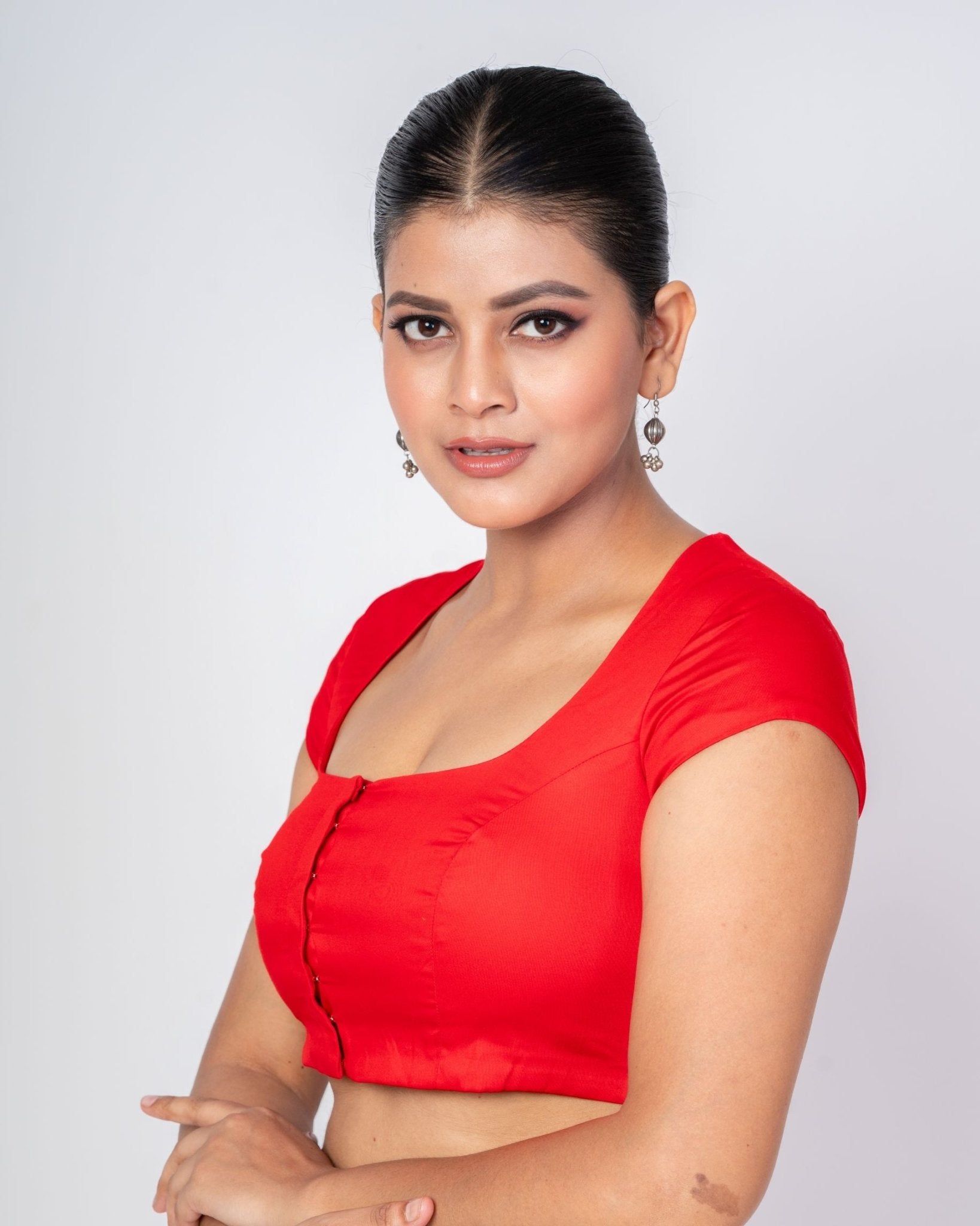 Red Square Neck Blouse with Back Closer and Cap Sleeves - Anvi Couture