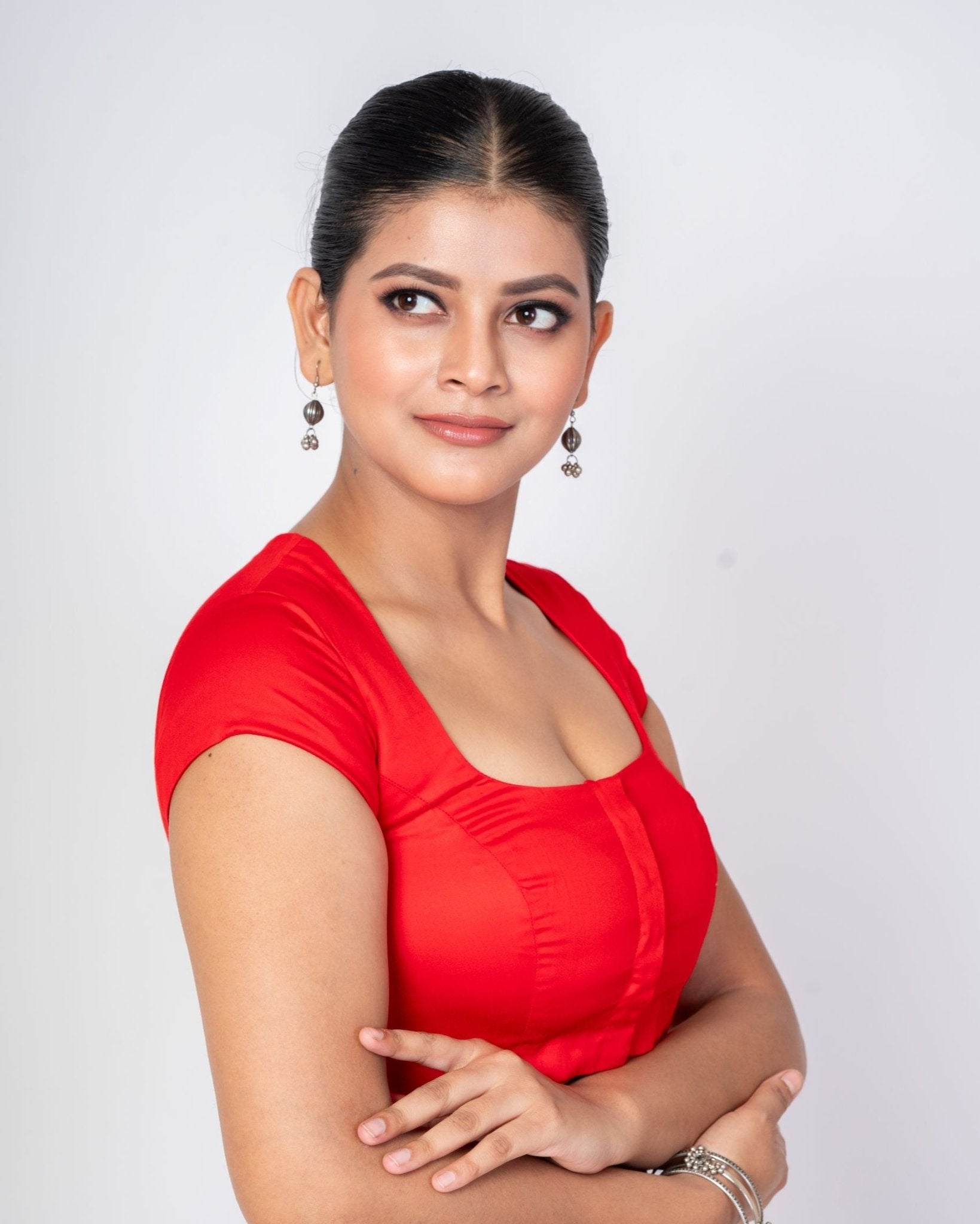 Red Square Neck Blouse with Back Closer and Cap Sleeves - Anvi Couture