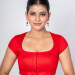Red Square Neck Blouse with Back Closer and Cap Sleeves - Anvi Couture