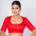 Red Round Neck Blouse with Back Square Cut and Elbow Sleeves - Anvi Couture