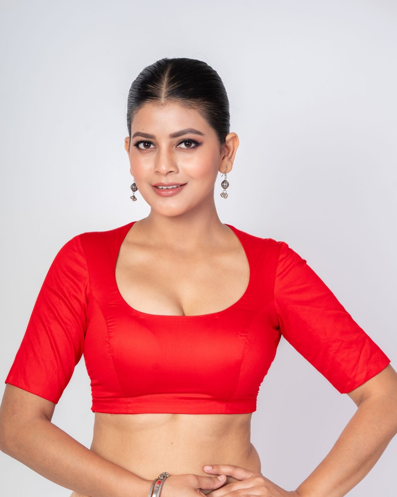 Red Round Neck Blouse with Back Square Cut and Elbow Sleeves - Anvi Couture