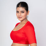 Red Round Neck Blouse with Back Square Cut and Elbow Sleeves - Anvi Couture