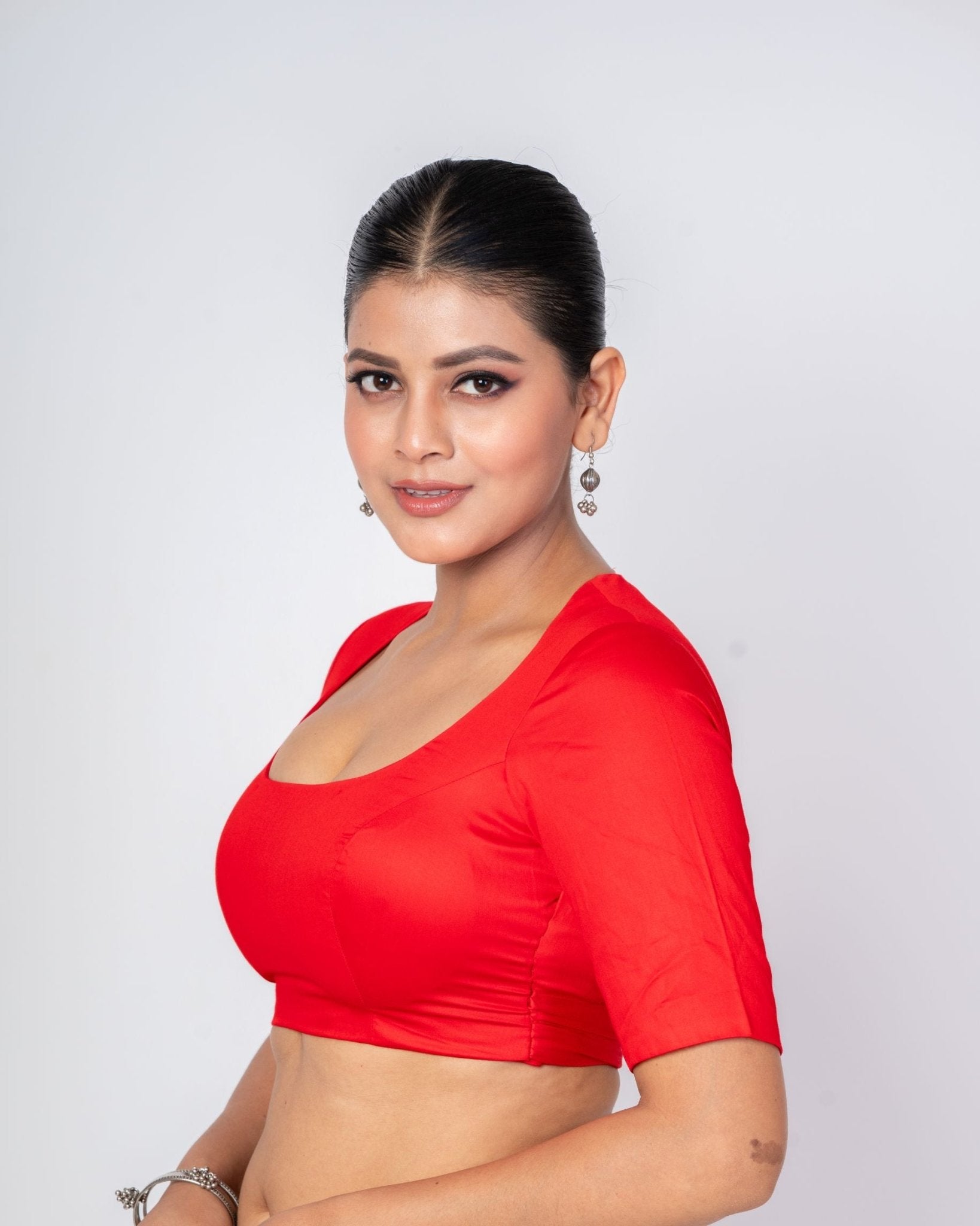 Red Round Neck Blouse with Back Square Cut and Elbow Sleeves - Anvi Couture